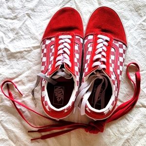 Vans, suede toe box and heels. Red and white checker pattern. UNISEX